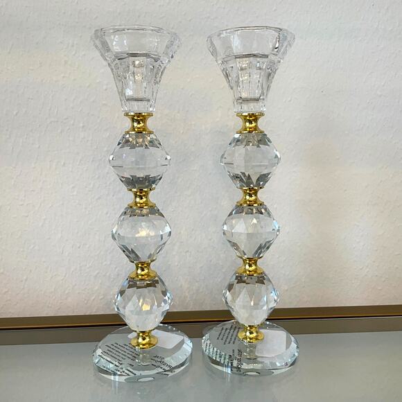 Faceted Crystal & Brass Candlestick Holders 9in Set of 2 Baroque Style NEW - Picture 1 of 10